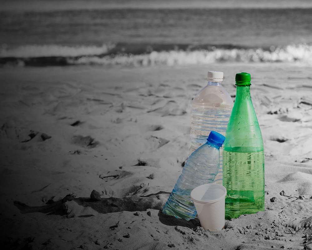 Plastic pollution and discarded bottles on a beach, the inspiration for John Horan’s commitment to environmental action.